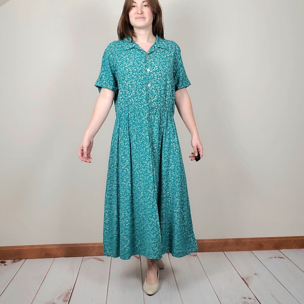 Vintage 80s 90s Wildflower Midi Dress Teal Large